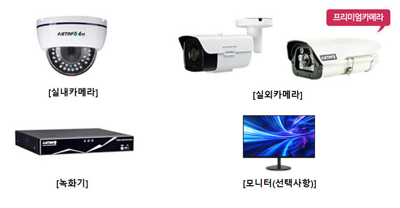 K-CCTV 기본 구성품 - 실내카메라, 실외카메라, 녹화기, 모니터