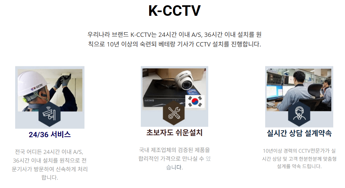 왜 K-CCTV 인가요 - 24/36 서비스, 합리적 가격의 검증된 제품, 실시간 상담 설계약속